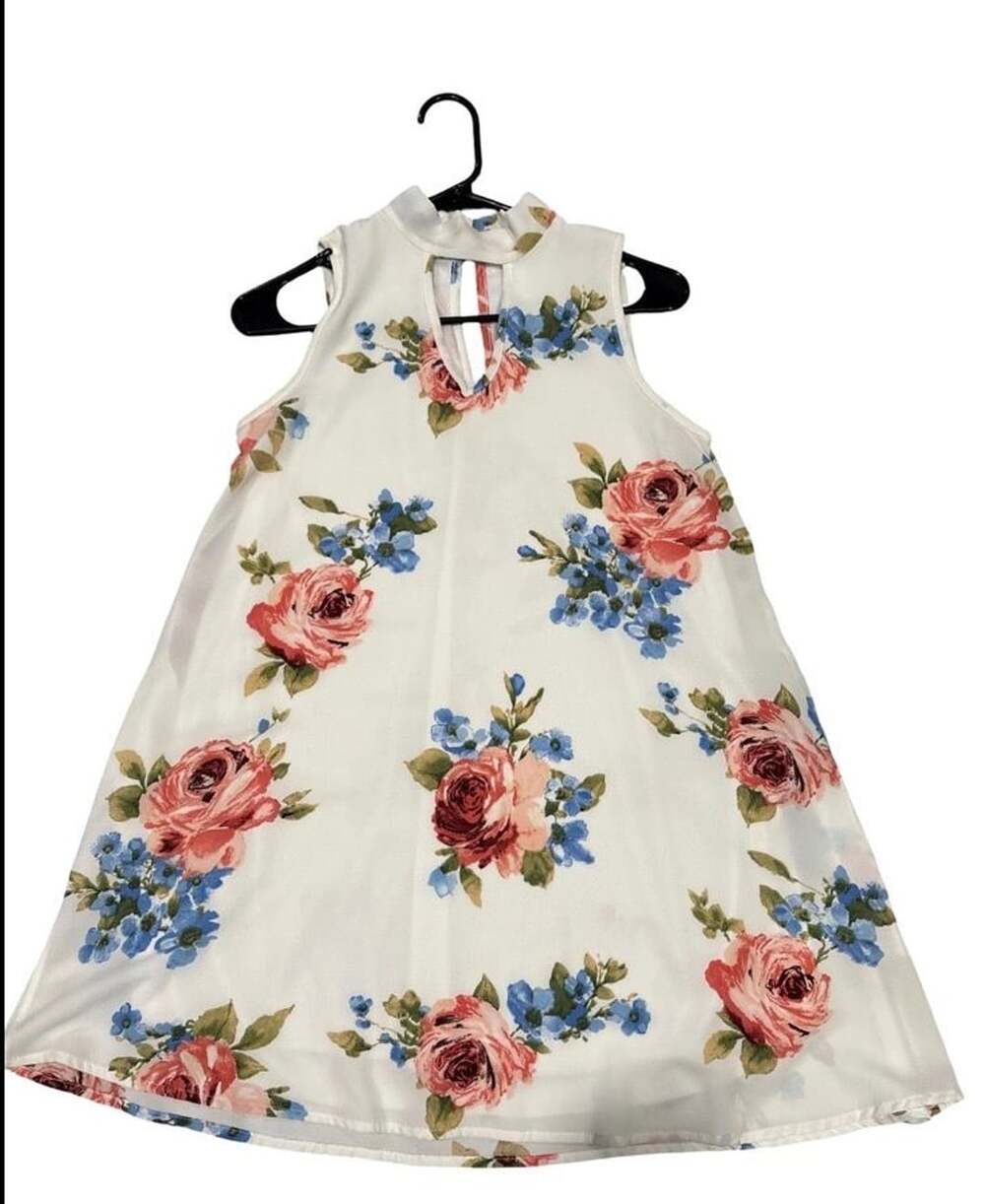 Daisies Women’s Small Floral Sleeveless A-Line Dress White Pink Blue Keyhole